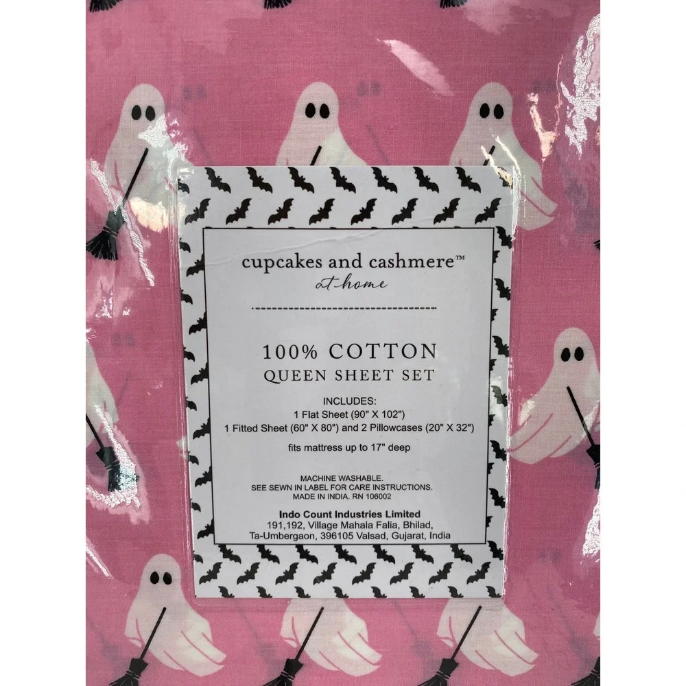 Cupcakes and Cashmere Sheet Set QUEEN Pink Ghost Halloween 100% Cotton Whimsical